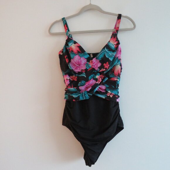 LAND'S END Tropical Floral Ruched Slimming One Piece Swimsuit Black Pink - Sz 14 - Picture 2 of 15
